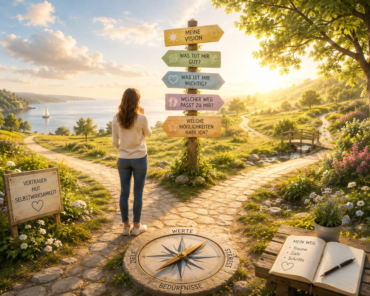 Frau steht an einer Weggabelung vor einem Wegweiser mit den Fragen: Meine Vision, Was tut mir gut, Was ist mir wichtig, Welcher Weg passt zu mir, Welche Möglichkeiten habe ich
